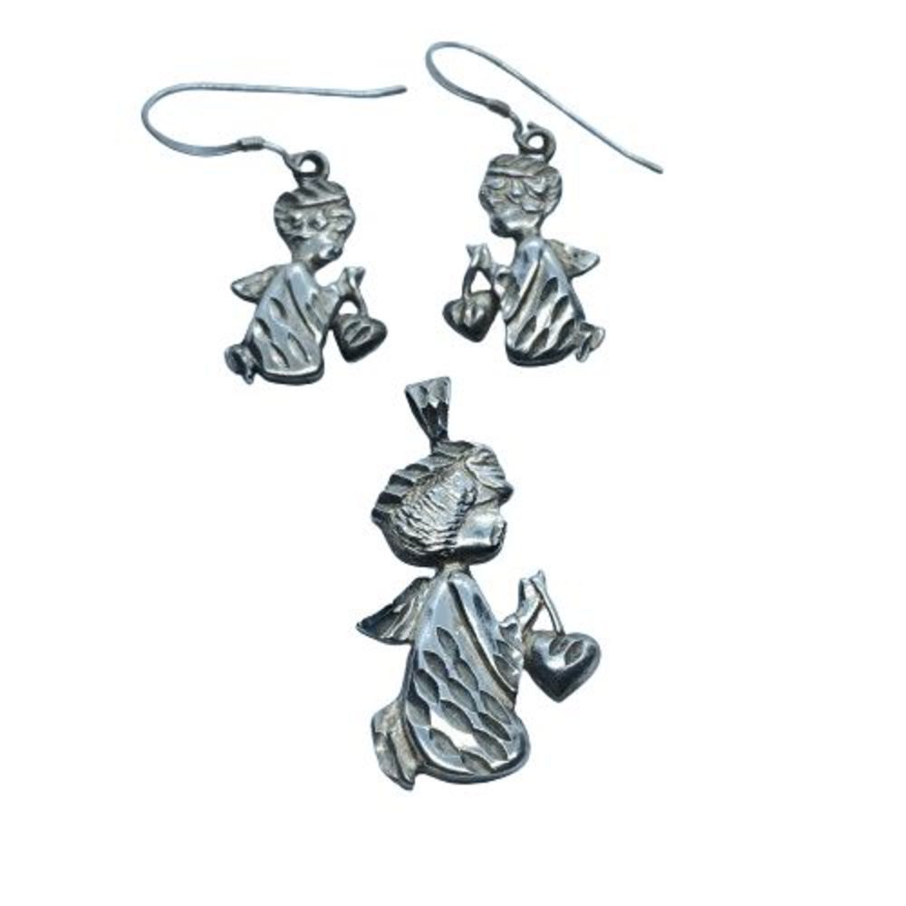 Fun Vintage Sterling Silver 925 Kneeling Angel Earrings & Pendant Set - Signed